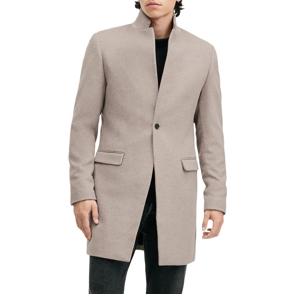 AllSaints Hargrove Coat Mens Wool Blend Overcoat Taupe Single Button Slim Fit 40